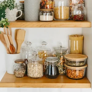 Etagère avec des bocaux en verre contenant des légumes secs et céréales
